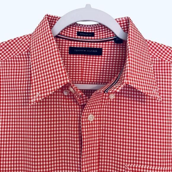 Tommy Hilfiger Men’s Short Sleeve Button Down Cotton Red White Shirt Size 17 XL - Picture 3 of 9